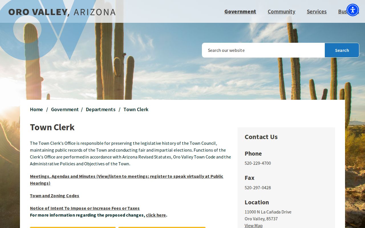 Oro Valley residents directory Town Clerk records page