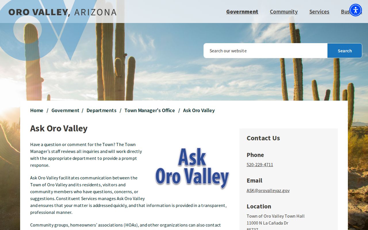 Oro Valley neighbors Ask Oro Valley service portal