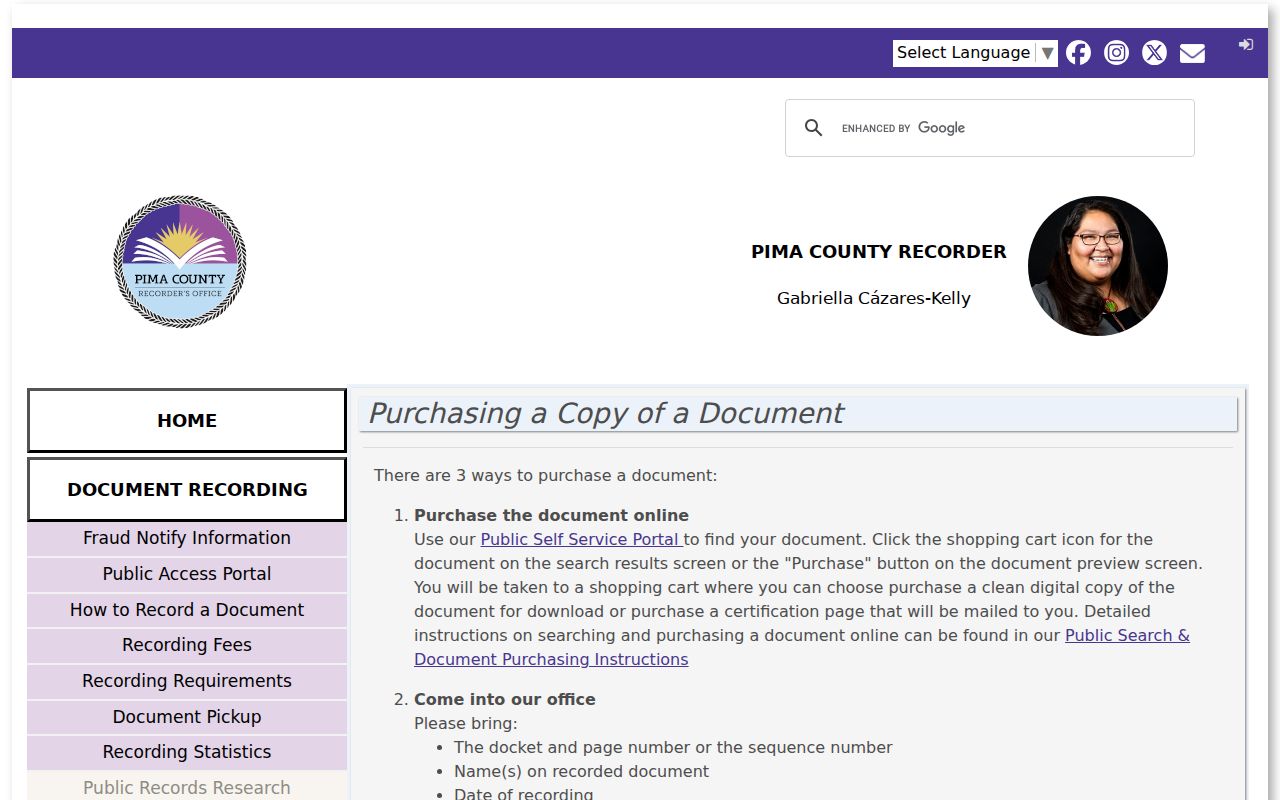 Oro Valley previous residents recorded document copy request