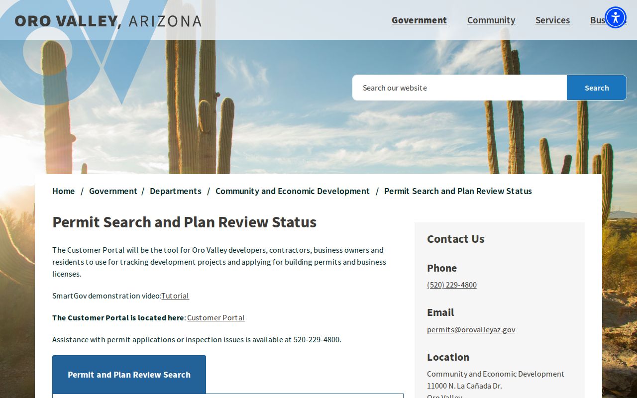 Oro Valley street directory permit and plan review search